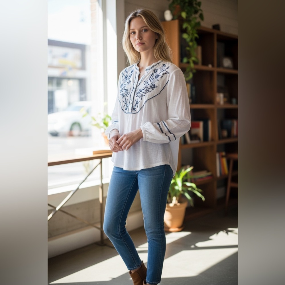 Free People White Embroidered Puff Sleeve Shirt - Picture 3 of 9